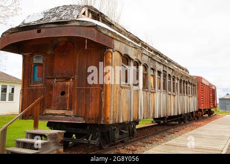 Caboose d'antiquariato, Big Horn County Historical Museum, Hardin, Montana Foto Stock