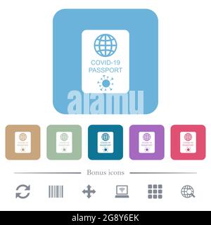 Covid-19 Passport icone piatte bianche su sfondi quadrati arrotondati di colore. 6 icone bonus incluse Illustrazione Vettoriale