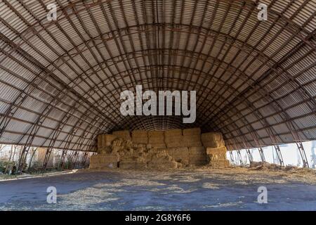 Grande hangar per conservare paglia o fieno. Coperchio per lo stoccaggio. Fieno asciutto nel fienile. Foto Stock