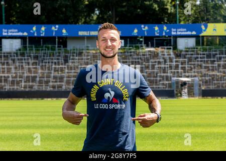 Il Siebe Van Der Heyden dell'Unione ha ritratto durante una conferenza stampa del team di prima divisione belga Royal Union Saint-Gilloise prima della partita contro A. Foto Stock