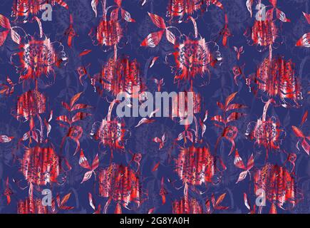 Motivo floreale di acquerello disegnato a mano con peonie rosa e foglie su sfondo blu scuro Foto Stock