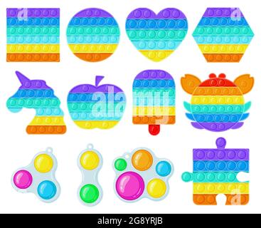 Anti-stress pop e semplici giochi increspati. Giocattoli trendy per bambini fidget, sensoriale e apprendimento del colore per bambini set di illustrazioni vettoriali. Bolle di silicone Illustrazione Vettoriale