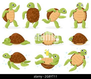 Tartaruga cartoon. Cute mare tartaruga nuoto, danzare e dormire, piccoli rettili acquatici cartoni animati vettore illustrazione set. Mascotte di tartaruga Illustrazione Vettoriale