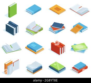 Libri isometrici. Libri di libreria o di biblioteca, opuscoli di formazione, enciclopedia, libri di testo o serie di illustrazioni vettoriali di letteratura classica. Scuola Illustrazione Vettoriale