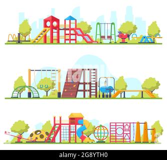 Parco divertimenti all'aperto per bambini o banner per parchi giochi. Set di illustrazioni vettoriali con attrezzatura per giochi con swing, slide e sandbox. Parco giochi per bambini Illustrazione Vettoriale