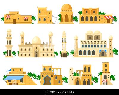Tradizionale architettura arabica antica edifici in mattoni di fango. Torri, case, rotunda e castello edifici illustrazione vettoriale set. Edifici arabi Illustrazione Vettoriale