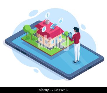 Concetto di tecnologia per l'area di lavoro per la sicurezza delle case intelligenti isometrica. Smart house controllata tramite illustrazione vettoriale dell'app gadget. Sistema di sicurezza Smart House Illustrazione Vettoriale