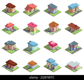 Isometric 3d moderno residenziale suburbano o case di città. Country cottage o case cittadine insieme di illustrazione vettoriale. Edifici di cottage suburbani Illustrazione Vettoriale