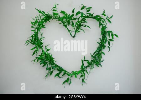 Simbolo del cuore arrangiato di rami di ruscus verde su uno sfondo chiaro. Foto Stock