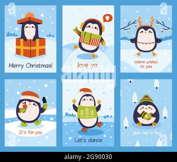 Carino carte pinguini. Xmas pinguino mascotte poster, vacanze invernali graziosi pinguini carte vettoriale illustrazione set. Piccole carte pinguini Illustrazione Vettoriale