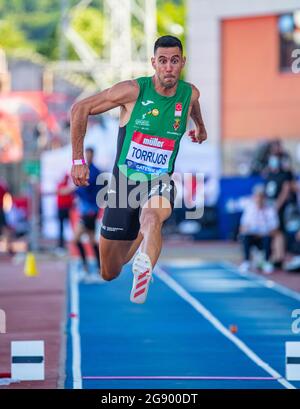 GATESHEAD, INGHILTERRA - LUGLIO 13: Pablo Torrijos (ESP) gareggia nel triplo salto al Gran Premio di Muller, parte della Wanda Diamond League a. Foto Stock