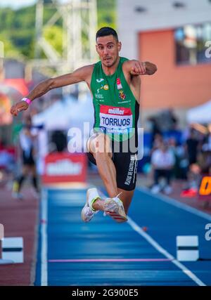 GATESHEAD, INGHILTERRA - LUGLIO 13: Pablo Torrijos (ESP) gareggia nel triplo salto al Gran Premio di Muller, parte della Wanda Diamond League a. Foto Stock