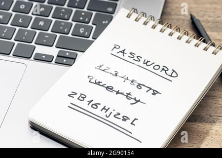 Concetto di password facile forte e debole. Testo scritto a mano sul blocco note del computer portatile Foto Stock