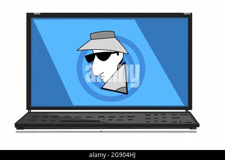Nessuna icona di ladro di pirati informatici spia sul cartone animato dello schermo del portatile Foto Stock