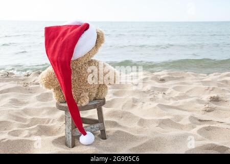 Vista posteriore dell'orsacchiotto marrone con berretto rosso di Natale su una spiaggia che si affaccia sull'acqua dell'oceano Foto Stock