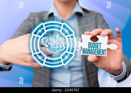 Didascalia di testo che presenta la gestione del budget. Parola per progettare e implementare processi di budget di una persona Business Woman puntando Jigsaw Puzzle Foto Stock