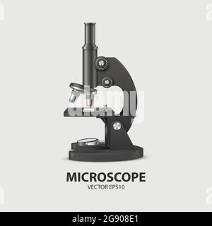 Vector 3d Realistic Black Laboratory, microscopio scolastico isolato su bianco. Chimica, strumento di microbiologia. Scienza, laboratorio, Ricerca, Educazione Illustrazione Vettoriale