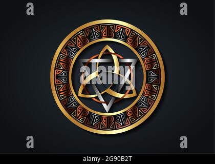 Il Grande Sigillo d'oro Triquetra con Triangolo d'argento e logo Circle in bronzo, Trinity Knot con cornice metallica, simbolo Celtico Pagano Triple Dea. Wicca s Illustrazione Vettoriale