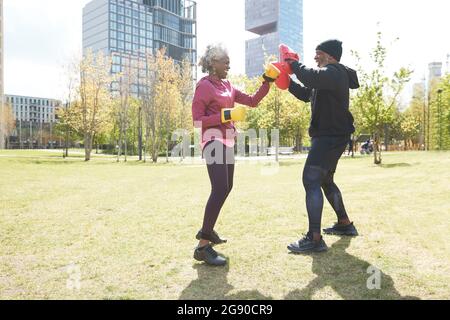 Donna sorridente che indossa guanti che praticano la boxe con l'uomo al parco Foto Stock
