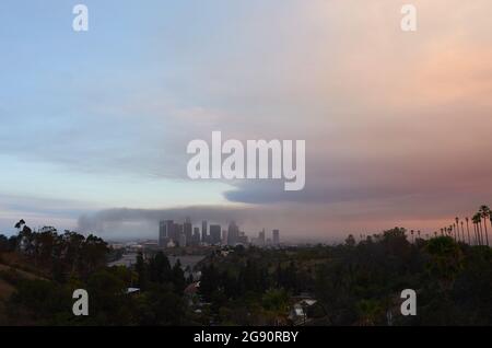 Fumo Wild Fire sospeso sullo skyline di Los Angeles Foto Stock