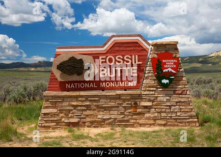 Cartello d'ingresso, Fossil Butte National Monument, Wyoming Foto Stock