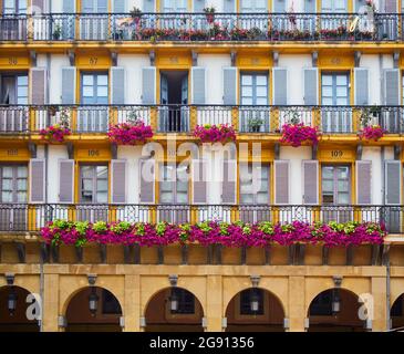 Balconi numerati della piazza della Costituzione (Plaza de la Constitucion). San Sebastian, Paesi Baschi, Guipuzcoa. Spagna. Foto Stock