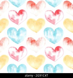 Illustrazione di un disegno ad acquerello seamless pattern di forme di cuori sullo sfondo. Sagome di forme di cuori sullo sfondo. Foto Stock