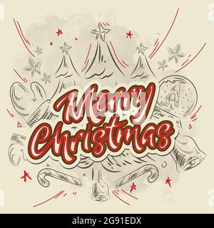 Grande set di elementi doodle natalizi con scritta buon Natale e Capodanno Illustrazione Vettoriale