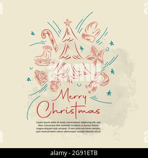 Grande set di elementi doodle natalizi con scritta buon Natale e Capodanno Illustrazione Vettoriale