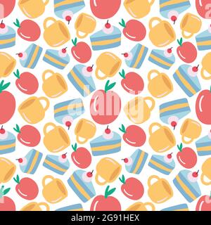 colorato motivo vettoriale senza giunture con cibo e tazza Illustrazione Vettoriale