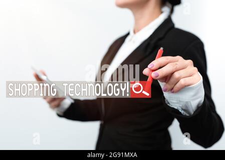 Tecnologia di shopping con testo a mano. Parola per avanzare le innovazioni nel trading e nell'automazione dei processi Presentazione di nuove idee tecnologiche in discussione Foto Stock