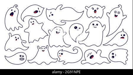 Ghost spook horror contorno doodle Set. Apparizione di Halloween semplice simpatico e spaventoso mostri spettrali. Design di personaggi pooky cutes divertente. Fly Phantom spirito elemento festivo. Festeggia il vettore Illustrazione Vettoriale
