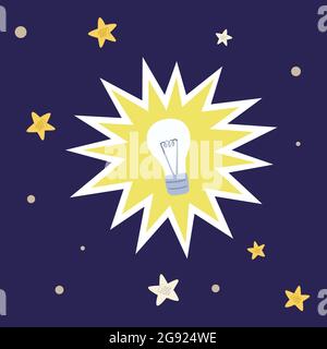 Lampadina chiara su sfondo scuro in stile doodle disegnato a mano. Il simbolo delle idee e delle scoperte. Illustrazione Vettoriale