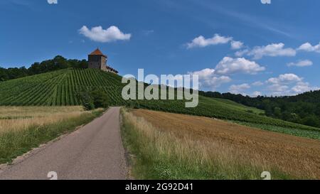 Una prospettiva ridotta di strada stretta di campagna che conduce attraverso i campi agricoli con lo storico castello medievale Burg Wildeck nel Baden-Württemberg. Foto Stock