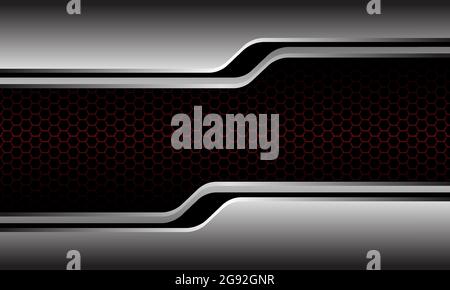 Linea nera in argento astratto con motivo a rete esagonale rosso scuro, design moderno e lussuoso, sfondo futuristico, illustrazione vettoriale. Illustrazione Vettoriale