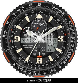 Realista vettore di orologio cronografo faccia nero metallizzato bianco arancione testo numero digitale per uomo lusso su sfondo bianco illustrazione. Illustrazione Vettoriale