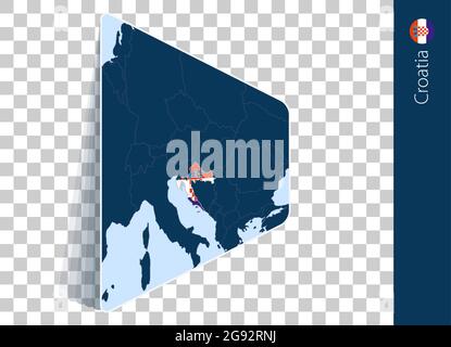 Mappa e bandiera della Croazia su sfondo trasparente. Evidenziata la Croazia sulla mappa vettoriale blu. Illustrazione Vettoriale