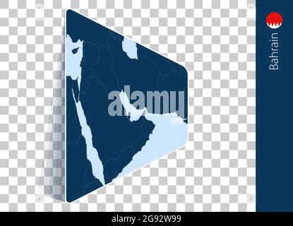 Mappa e bandiera del Bahrain su sfondo trasparente. Bahrain evidenziato sulla mappa vettoriale blu. Illustrazione Vettoriale