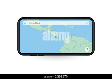 Ricerca mappa di Costa Rica in applicazione mappa smartphone. Costa Rica sulla mappa di telefono cellulare. Illustrazione vettoriale. Illustrazione Vettoriale