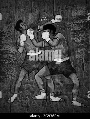 Bianco e nero, pittura d'arte di colore olio Muaythai, boxe thailandese Foto Stock