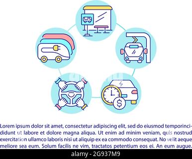 Icone delle linee concettuali delle opzioni EV pubbliche con testo. Illustrazione Vettoriale