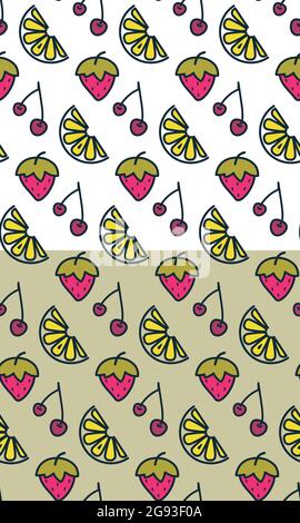 Frutta brillante motivo senza cuciture. Icone stile limone, fragola, ciliegia, linea grigia spessa contorno, riempimenti multicolore. Bianco, grigio verde facilmente modificabile Illustrazione Vettoriale