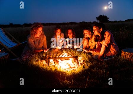 Campeggio familiare, mallows di palude e vacanze di caccia di insetti. Hope Farm Retreats glamping. Foto Stock