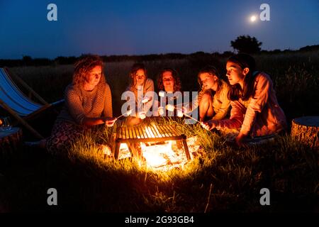 Campeggio familiare, mallows di palude e vacanze di caccia di insetti. Hope Farm Retreats glamping. Foto Stock