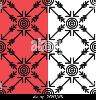 Frecce di destinazione, ripetizione senza giunture a griglia quadrata. Linee nere, icona stile piatto. Avanzamento degli obiettivi, concetto aziendale. Rosso, Bianco sfondo facilmente modificabile Illustrazione Vettoriale