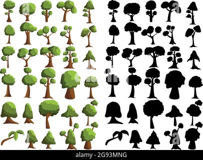 Sagome nere e alberi realistici di diverse zone climatiche su sfondo bianco - illustrazione vettoriale Illustrazione Vettoriale