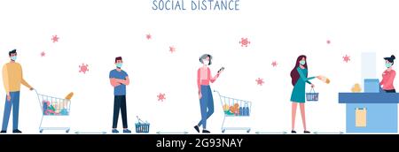 Molte persone in fila per acquistare in supermercato e mantenere la distanza sociale, in modo da non diffondere virus COVID19. Uomini e donne si trovano di fronte al registratore di cassa, con carrelli. Illustrazione piatta vettoriale Illustrazione Vettoriale