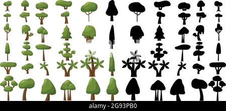 Sagome nere e alberi realistici di diverse zone climatiche su sfondo bianco - illustrazione vettoriale Illustrazione Vettoriale