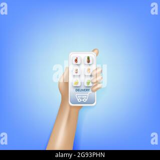 Consegna di generi alimentari e di shopping via smartphone il concetto di app. Vettore isometrica di una cesta piena di verdure e di alimenti in un display dello smartphone Illustrazione Vettoriale