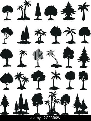 Sagome nere di alberi di diverse zone climatiche su sfondo bianco - illustrazione vettoriale Illustrazione Vettoriale